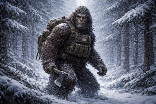 Winter survival illustration of Bigfoot in tactical gear navigating a snowstorm, highlighting cold weather safety, wind chill exposure, and preparedness in extreme conditions
