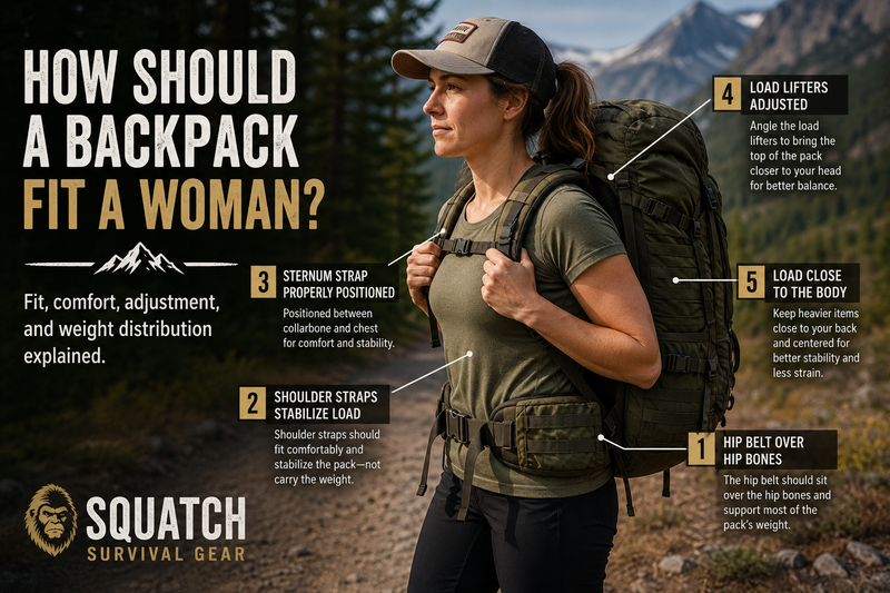 Female hiker wearing a properly fitted backpack showing correct hip belt placement, shoulder strap adjustment, sternum strap position, and balanced weight distribution.