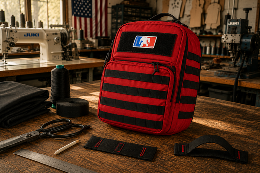 Close-up of reinforced bar tack stitching on a Squatch Survival Gear backpack grab handle demonstrating how quality backpack construction improves long-term durability and strength.