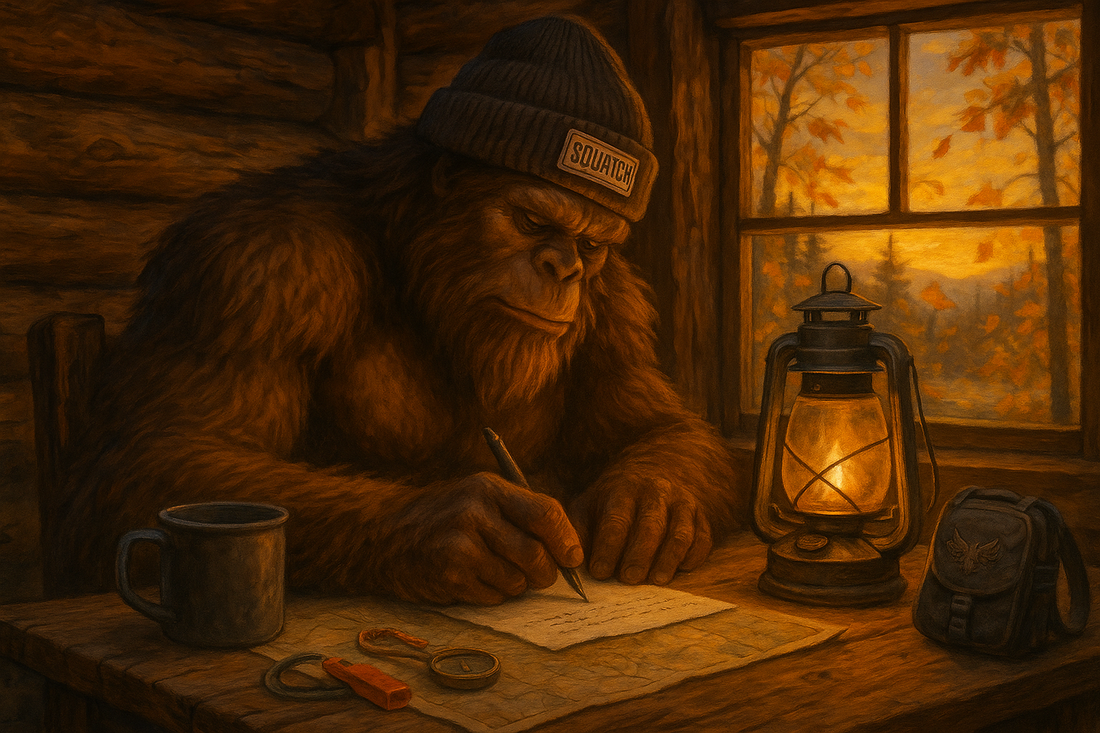 Bigfoot wearing a Squatch Survival Gear beanie sits in a rustic log cabin at golden hour, writing a letter by lantern light with a camp cup, Mothman pouch, compass, map, and whistle on the desk as fall leaves drift outside the window.