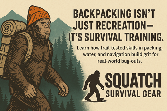 Bigfoot wearing a beanie and tactical backpack, hiking a forest trail at dusk with Squatch Survival Gear branding — symbolizing backpacking as survival training.