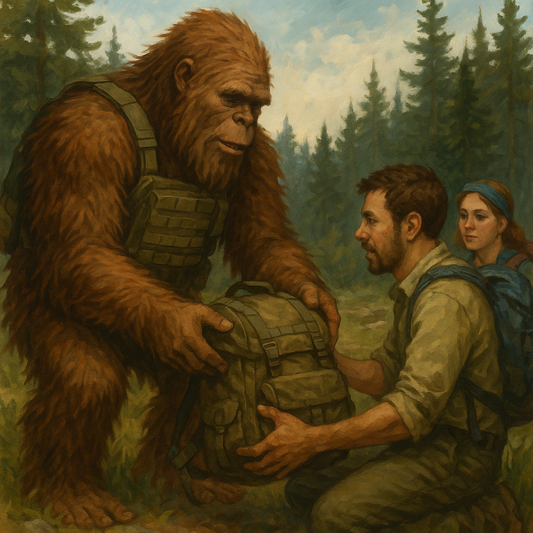 Bigfoot with Squatch Survival Gear pack resupplying families in the woods after disaster, symbolizing recovery and survival gear made in USA.