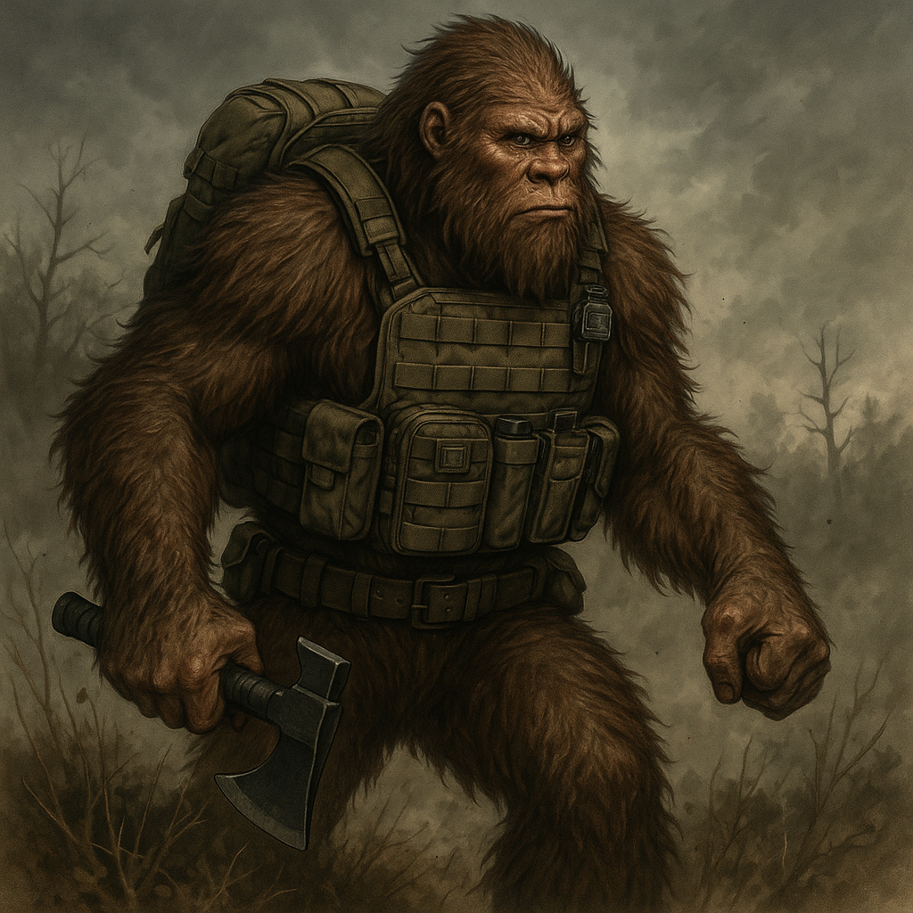 Bigfoot wearing Squatch Survival Gear tactical backpack and chest rig stands in a smoky disaster zone, symbolizing calm decision-making under pressure with American-made survival gear.