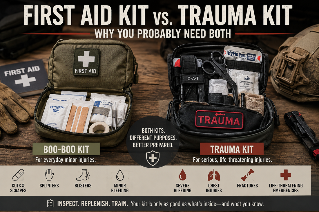 Squatch Survival Gear first aid and trauma kits showing boo-boo supplies for minor injuries and trauma gear for serious emergencies.