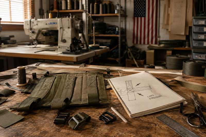 Ranger green Cordura and nylon webbing components with reinforced stitching on a workbench beside a load-direction sketch in an American sewing workshop. Squatch Survival Gear