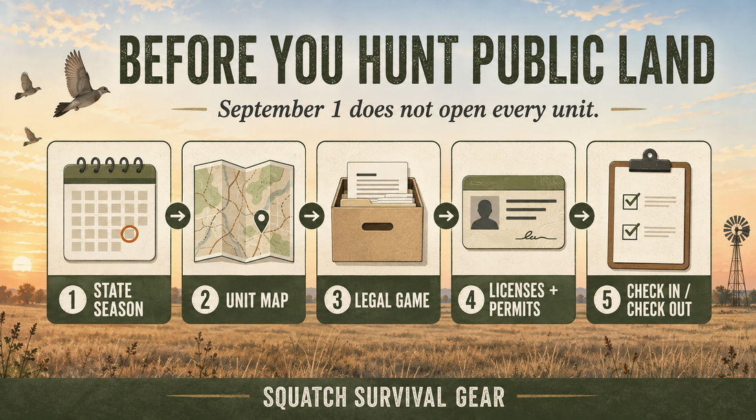 Squatch Survival Gear infographic showing five checks before a Texas public-land dove hunt: state season, unit map, Legal Game box, licenses and permits, and registration.