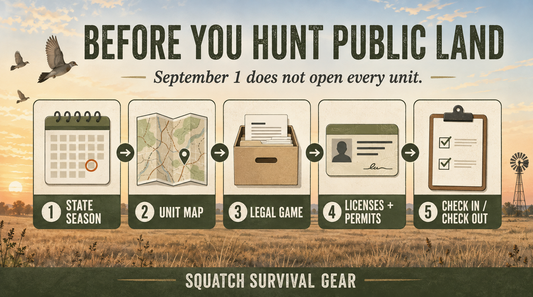 Squatch Survival Gear infographic showing five checks before a Texas public-land dove hunt: state season, unit map, Legal Game box, licenses and permits, and registration.