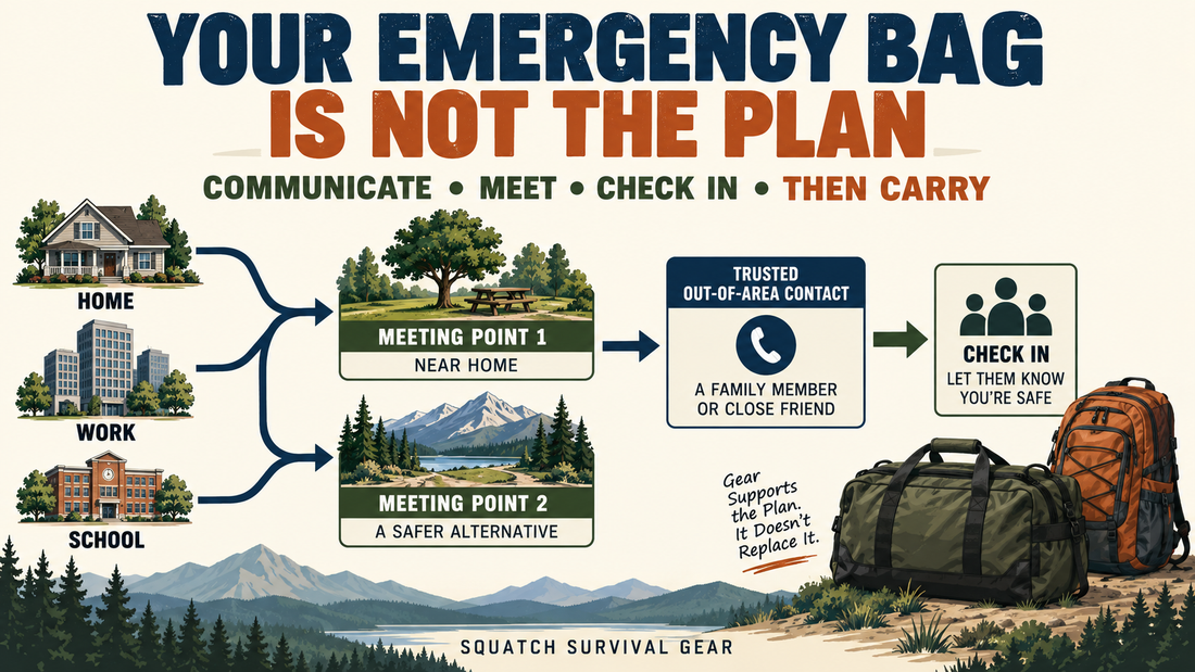 Squatch Survival Gear infographic showing home, work, and school connected to family meeting places, an out-of-area contact, and a check-in plan before choosing emergency bags.