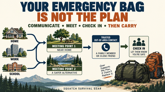 Squatch Survival Gear infographic showing home, work, and school connected to family meeting places, an out-of-area contact, and a check-in plan before choosing emergency bags.