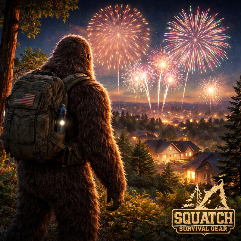Bigfoot wearing a Squatch Survival Gear backpack watches New Year’s fireworks over nearby houses from the woods, symbolizing fireworks safety, home fire prevention, and emergency preparedness during holiday celebrations.