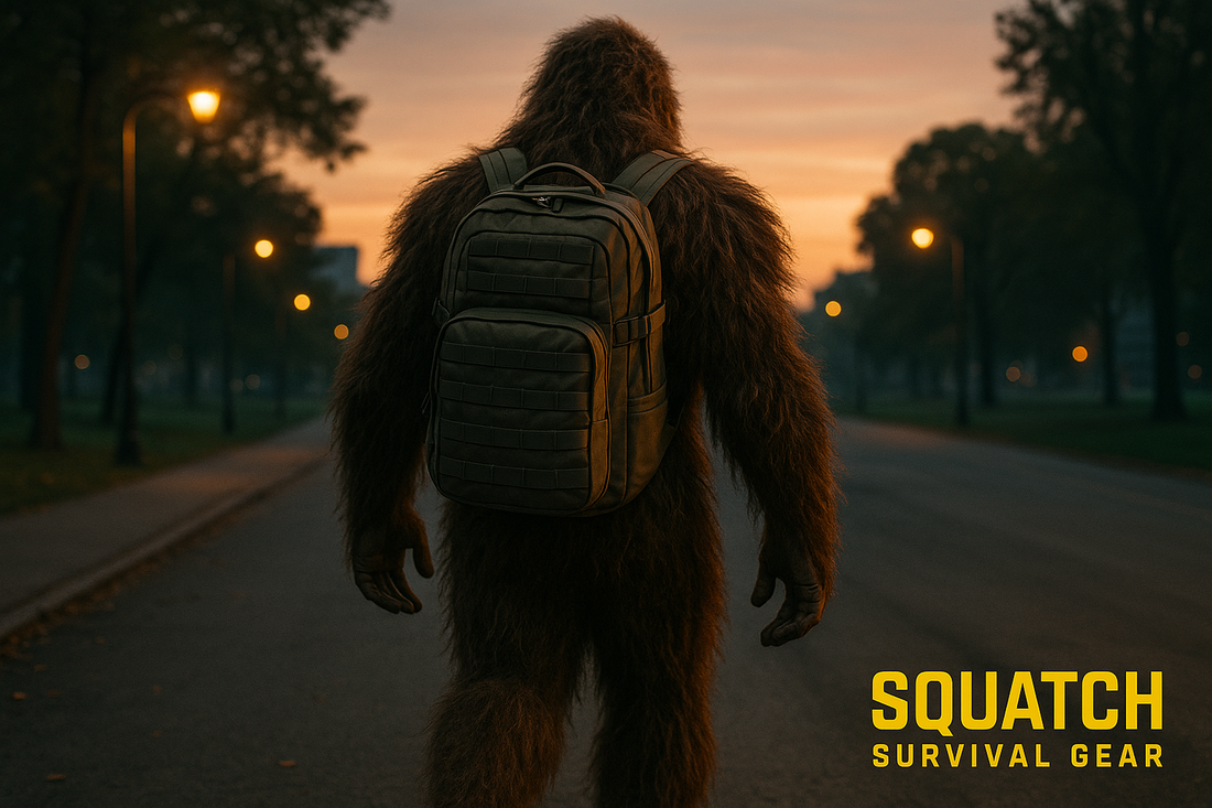 Bigfoot walking down an urban park trail at dawn wearing the Rougarou EDC backpack, showcasing American-made tactical gear built for real-world everyday carry.