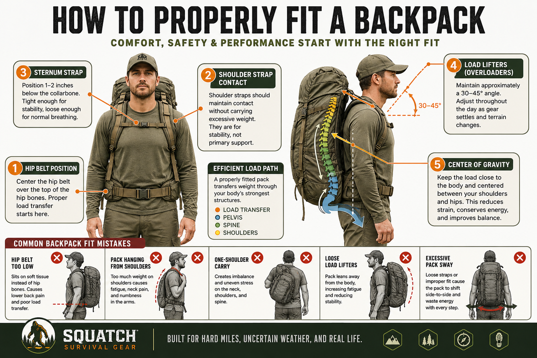 Backpack fit guide showing proper hip belt placement, shoulder strap adjustment, sternum strap position, and load lifter setup for efficient weight transfer.
