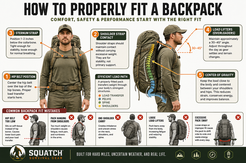 Backpack fit guide showing proper hip belt placement, shoulder strap adjustment, sternum strap position, and load lifter setup for efficient weight transfer.