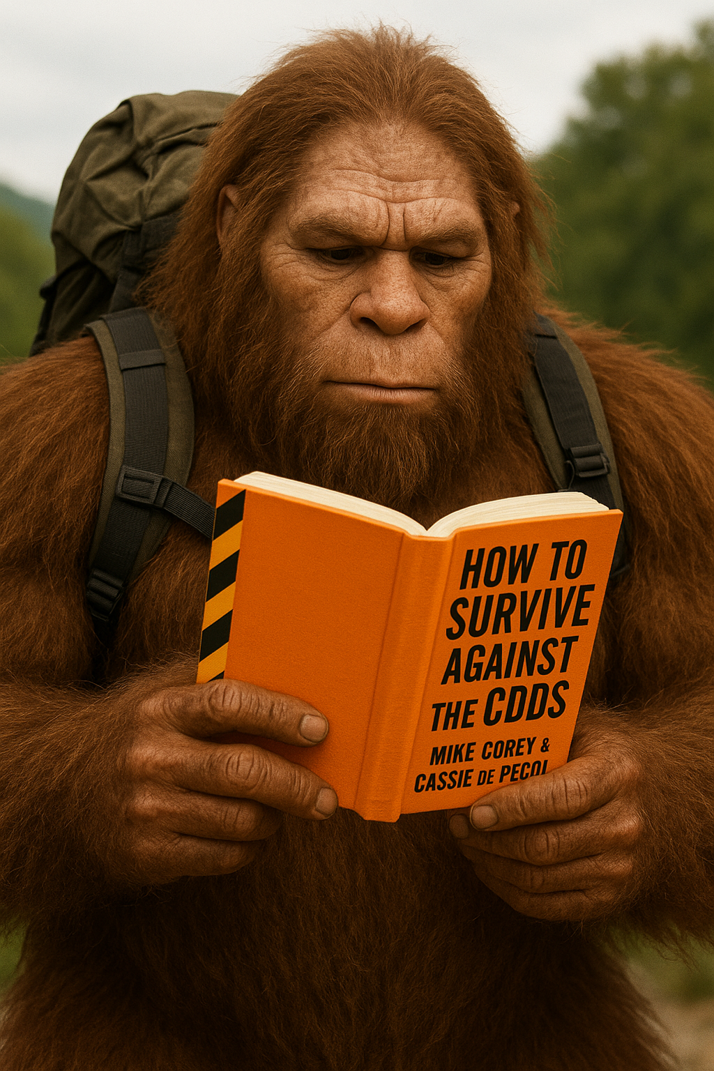 Sasquatch reading “How to Survive Against the Odds” in the woods, wearing a Squatch Survival Gear USA-made tactical backpack—perfect for preppers, survivalists, and wilderness training.