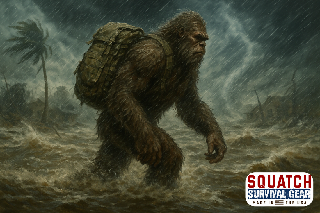 Squatch carrying a survival pack through hurricane floodwaters in heavy rain, representing rugged survival and American-made preparedness gear from Squatch Survival Gear.