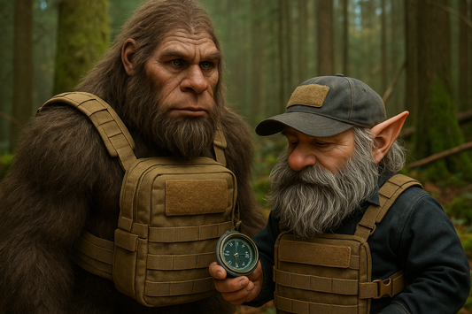 Bigfoot with light green-gray eyes stands beside a tactical gnome in a forest. The gnome wears the Squatch Survival Gear Gnome Chest Pack and holds a compass, symbolizing navigation, mindset, and survival knowledge.