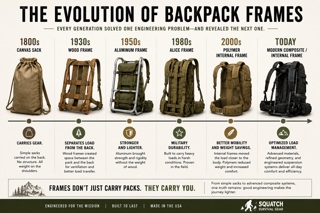Infographic showing the evolution of backpack frames from 1800s canvas sacks to modern internal-frame backpacks, illustrating how engineering improved load transfer, durability, mobility, and carrying comfort over time.
