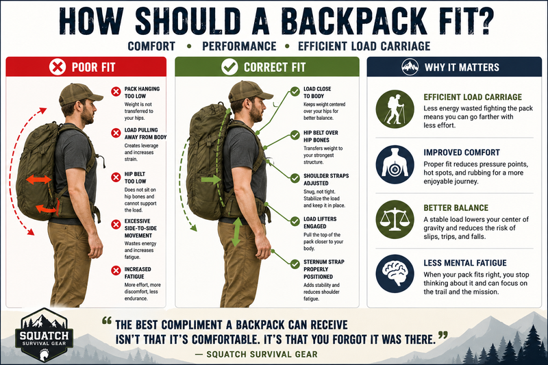 Backpack fit infographic showing poor fit versus proper fit with hip belt placement, load lifters, sternum strap adjustment, and load distribution benefits