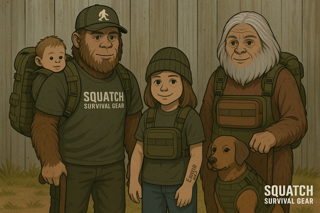 Bigfoot family geared up with American-made Squatch Survival Gear—child with small pack, elder with cane and admin pouch, reflective straps visible, dog with MOLLE harness—representing tailored bug-out kits for kids, elders, and pets.