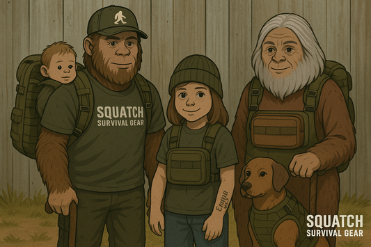 Bigfoot family geared up with American-made Squatch Survival Gear—child with small pack, elder with cane and admin pouch, reflective straps visible, dog with MOLLE harness—representing tailored bug-out kits for kids, elders, and pets.