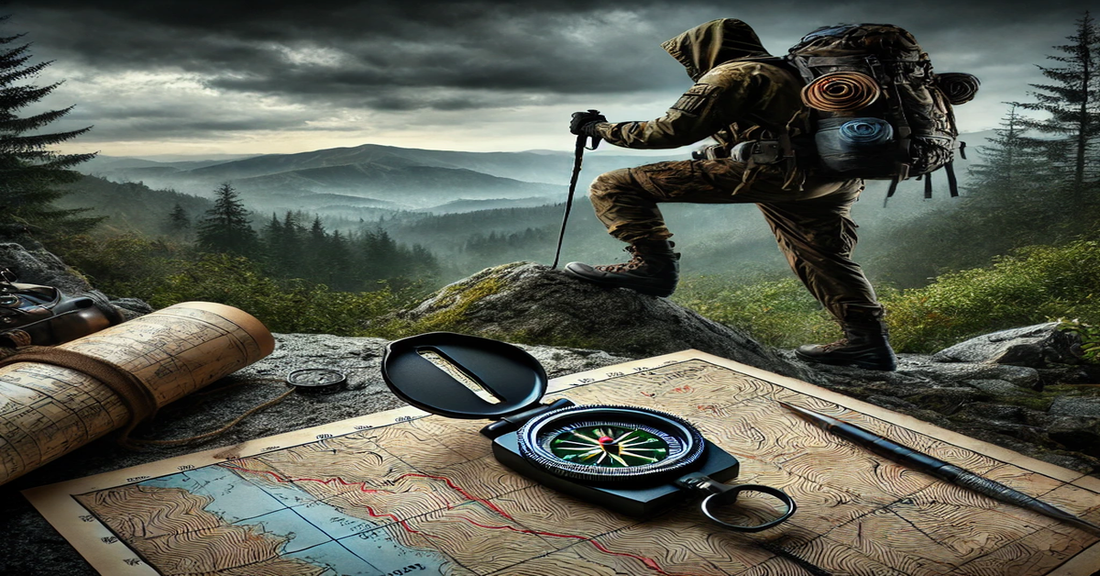 Hiker using a compass and topographic map to navigate a panic azimuth in rugged wilderness terrain