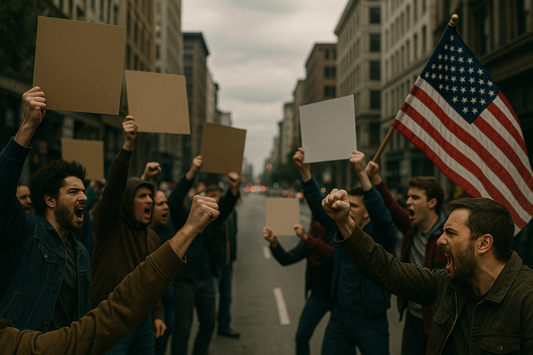 wo opposing protest groups face off across a city street, raising fists, blank signs, and an American flag, symbolizing rising political tension in America.