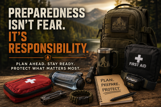 Emergency preparedness gear with backpack, first aid kit, flashlight, water bottle, and notebook beneath the message: Preparedness Isn't Fear. It's Responsibility.