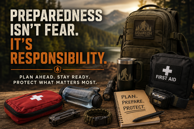 Emergency preparedness gear with backpack, first aid kit, flashlight, water bottle, and notebook beneath the message: Preparedness Isn't Fear. It's Responsibility.