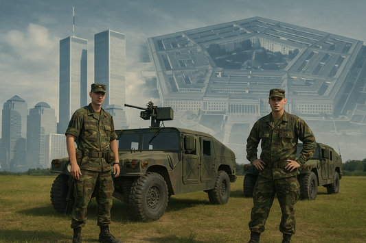 Soldiers in M81 camo beside Humvee gun trucks with Twin Towers and Pentagon overlay, representing the military response and unity after 9/11