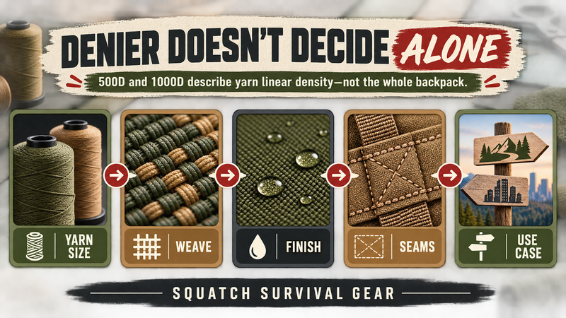 Squatch Survival Gear infographic showing yarn size, weave, finish, seams, and use case as factors beyond 500D or 1000D denier.