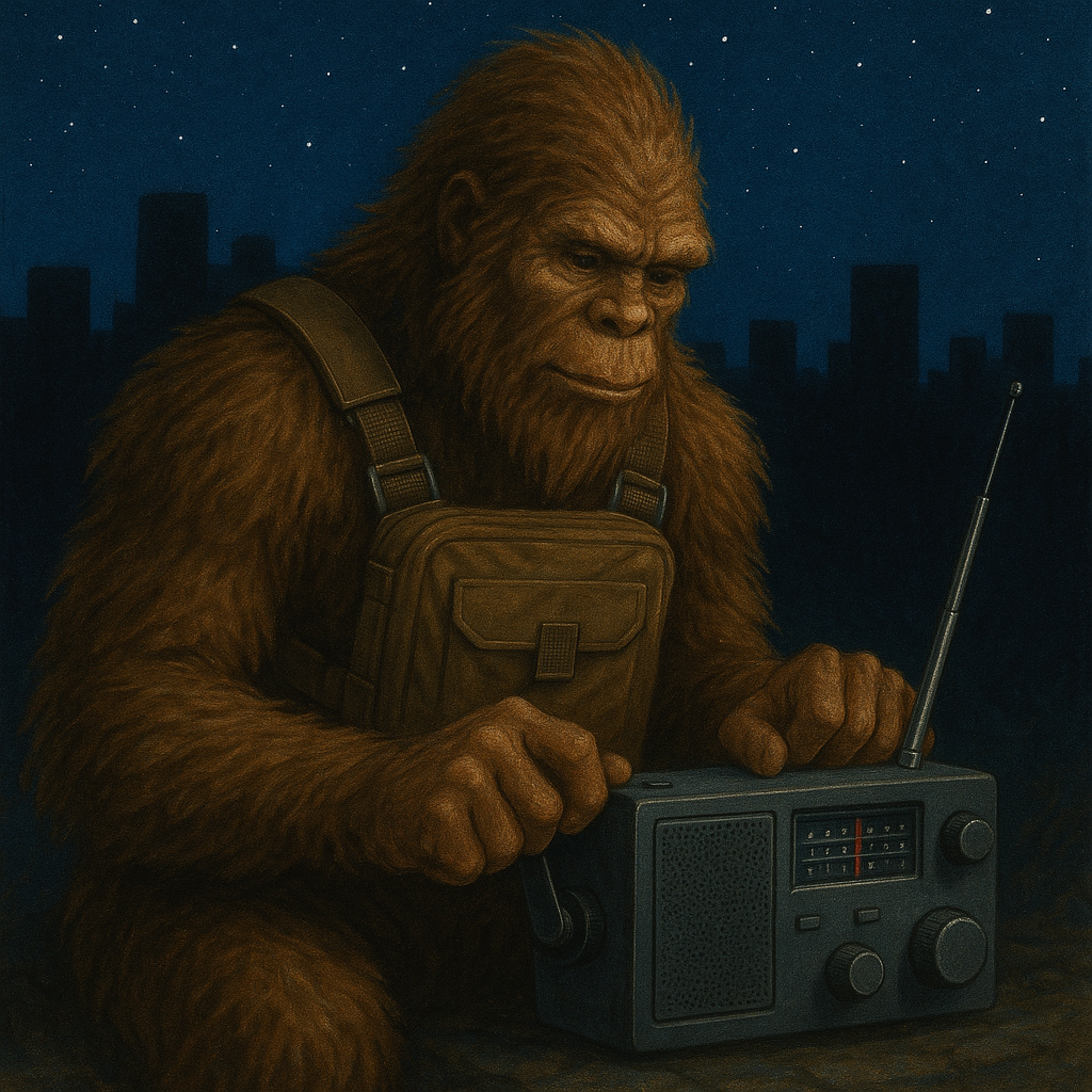 Bigfoot with Squatch Survival Gear chest pack using emergency radio in a blackout city.