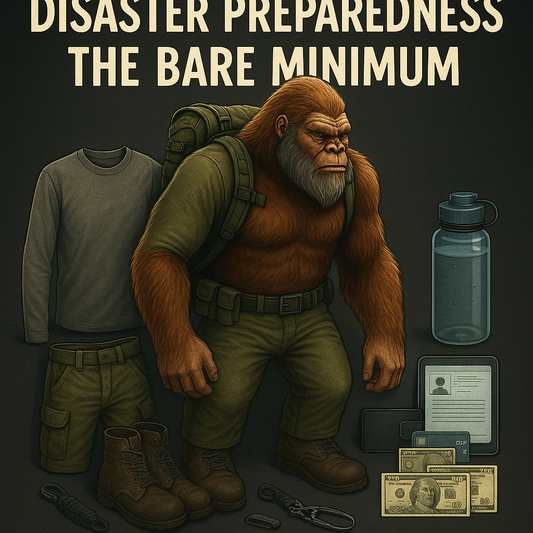 Bigfoot carrying Squatch Survival Gear American-made tactical survival backpack — bare minimum disaster preparedness essentials