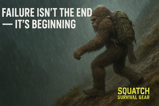 Bigfoot in rain wearing an American-made Squatch Survival Gear pack, symbolizing resilience, grit, and learning through failure.