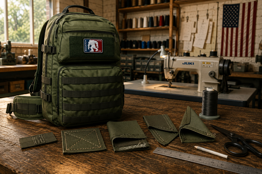 Ranger Green Squatch Survival Gear Mothman backpack on a workshop bench surrounded by seam samples, bonded nylon thread, and industrial sewing tools demonstrating backpack stitching and American manufacturing.