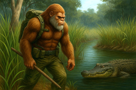 Sasquatch faces crocodile in Australian swamp, showcasing Squatch Survival Gear backpack—built for real-world survival and adventure.