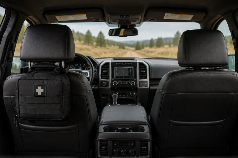 Headrest-mounted vehicle medical kit secured behind the driver's seat in a pickup truck, showing a quick-access emergency first aid kit for everyday vehicle preparedness and roadside emergencies.