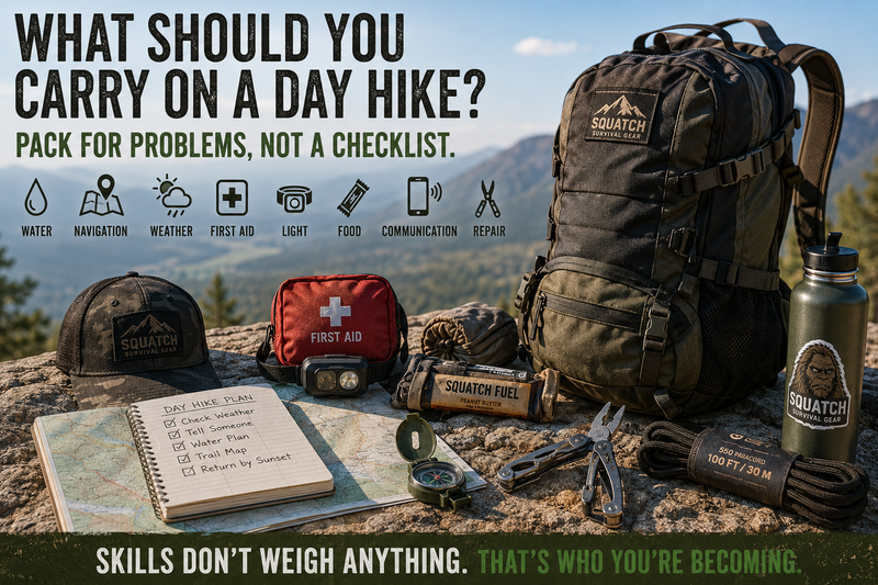 What should you carry on a day hike? Squatch Survival Gear backpack with water, first aid, navigation, lighting, food and repair essentials.