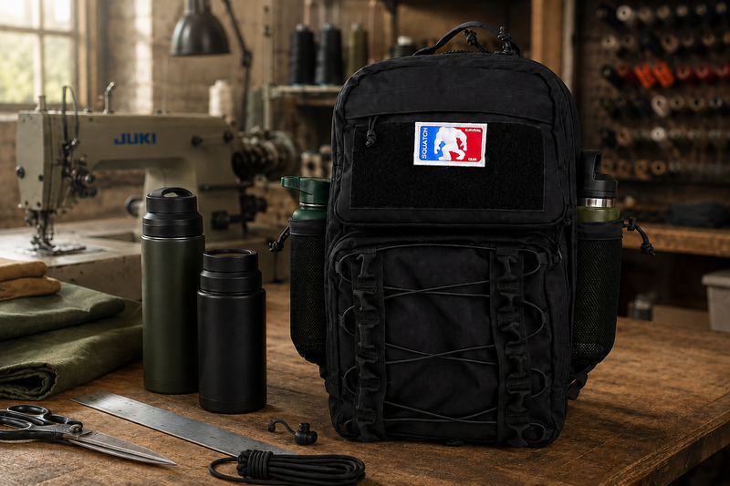 Rougarou backpack water bottle holder tested by Squatch Survival Gear with insulated YETI and RTIC bottles and a shock-cord adjuster.