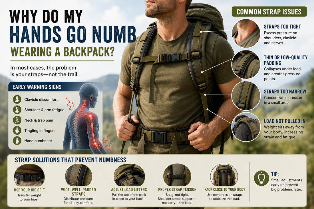 Backpack shoulder strap infographic showing common causes of hand numbness including poor padding, narrow straps, improper adjustment, and poor load transfer.