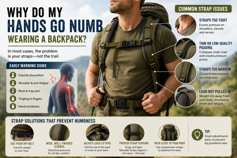 Backpack shoulder strap infographic showing common causes of hand numbness including poor padding, narrow straps, improper adjustment, and poor load transfer.