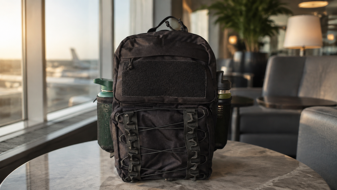 Black Rougarou backpack from Squatch Survival Gear with two insulated water bottles in an airport lounge.