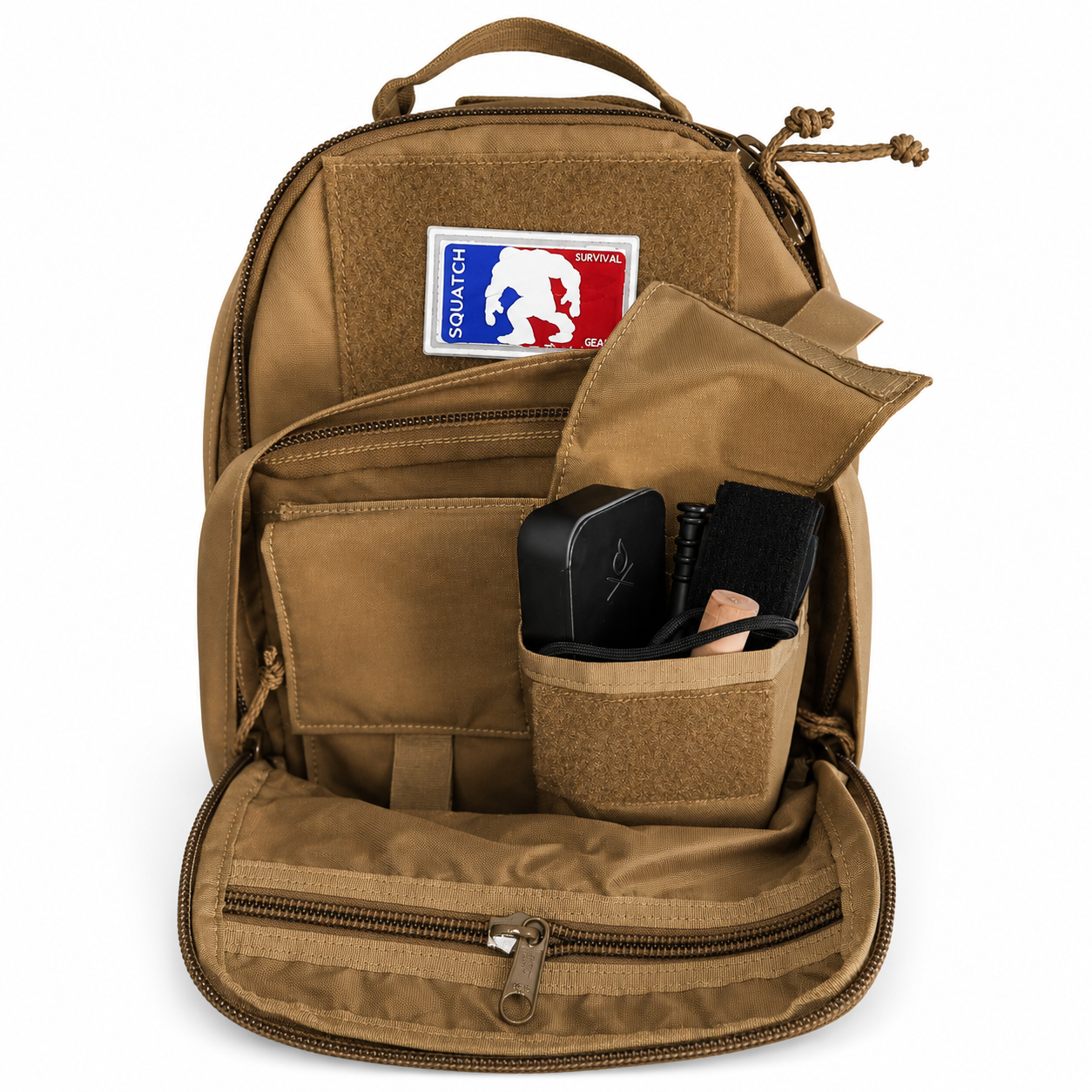 coyote Brown backpack with a visible brand squatch survival gear exterior pocket organization