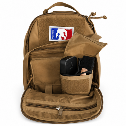 coyote Brown backpack with a visible brand squatch survival gear exterior pocket organization