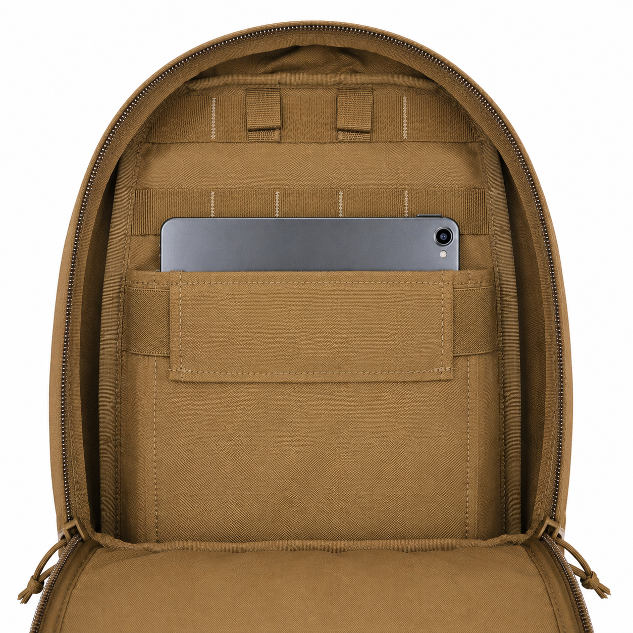 coyote Brown backpack with a visible brand squatch survival gear with tabllet pocket 