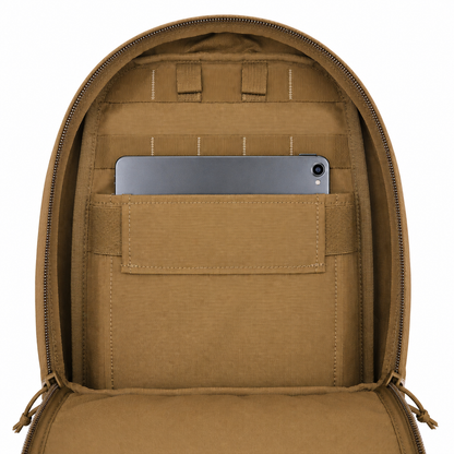 coyote Brown backpack with a visible brand squatch survival gear with tabllet pocket 
