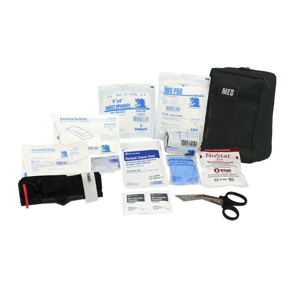 Tactical IFAK – Advanced first aid kit with hemostatic gauze, tourniquet, and trauma tools, shown belt-mounted for field use.