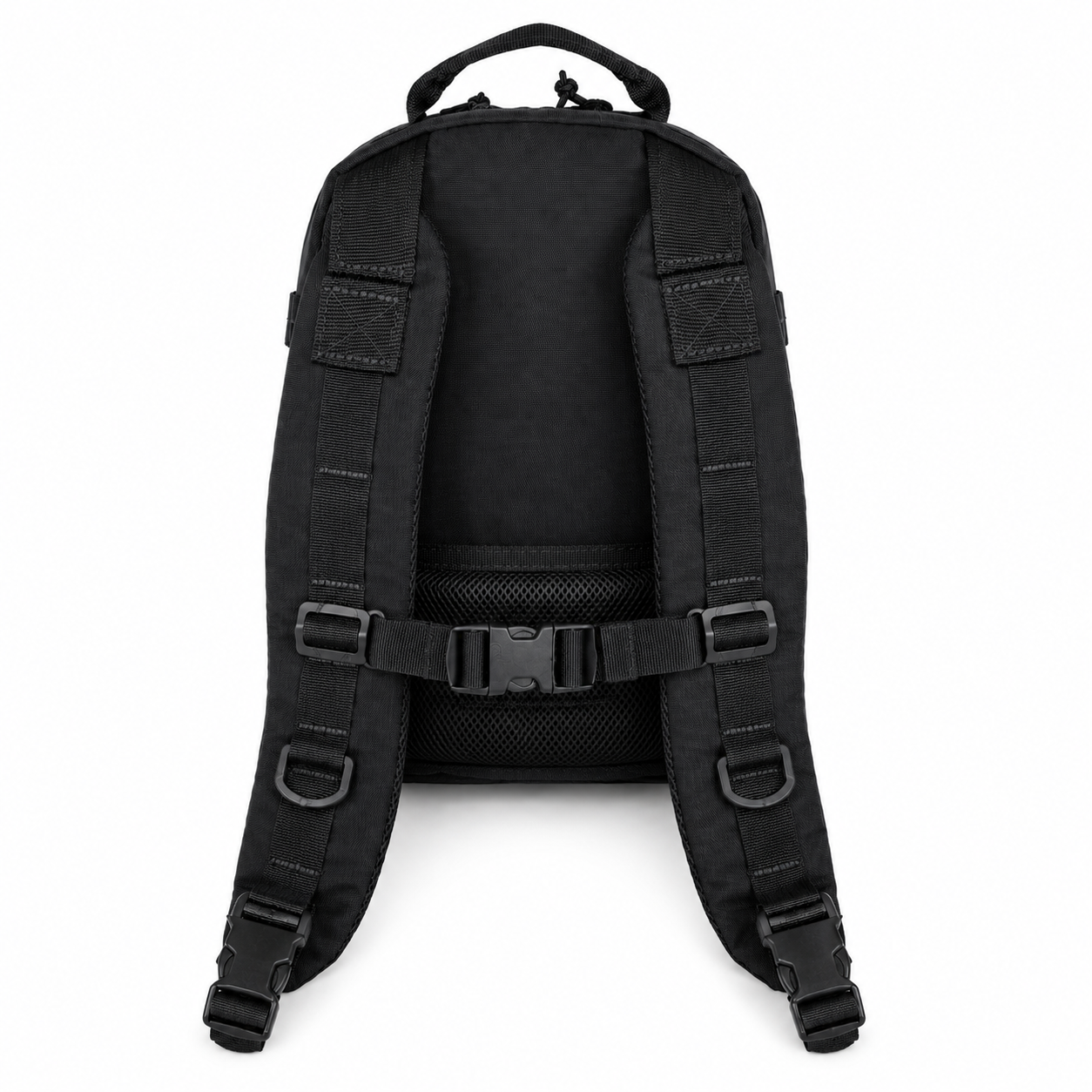 Black backpack with straps on a white background
