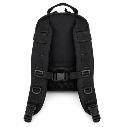 Black backpack with straps on a white background