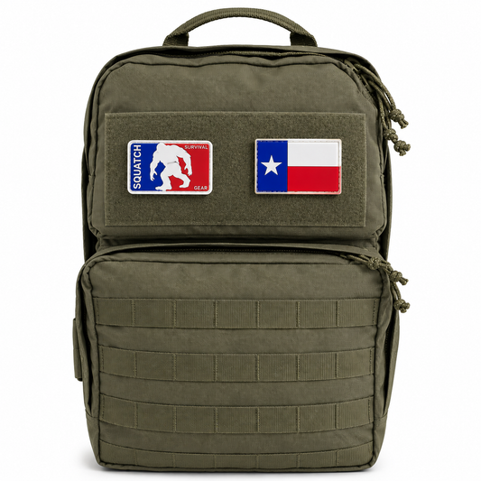 Green tactical backpack with 'Squatch' logo and Texas flag patch on a white background