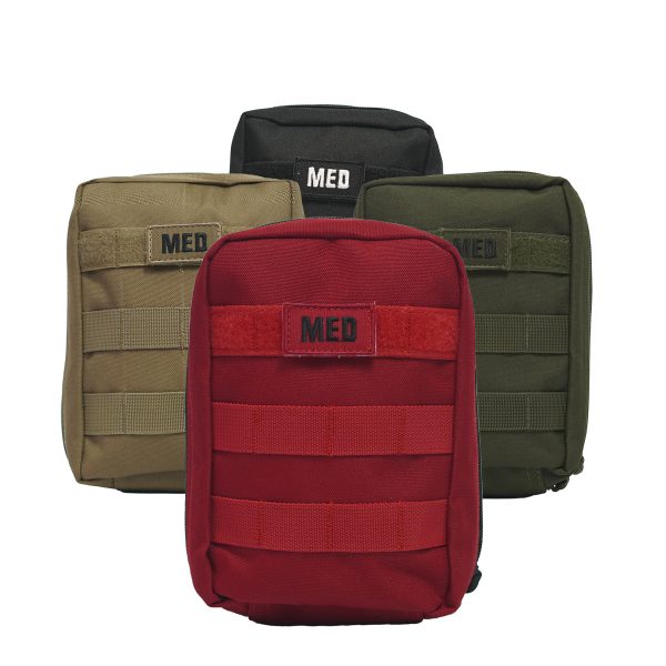 Tactical IFAK – Advanced first aid kit with hemostatic gauze, tourniquet, and trauma tools, shown belt-mounted for field use.